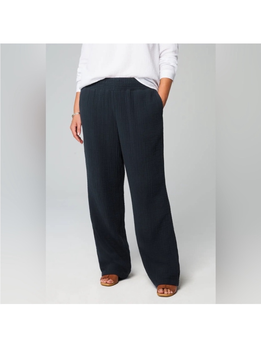 NWT J.Jill Pants Trousers Navy Blue Slub Cotton Straight Leg Gauze Pull On Beach